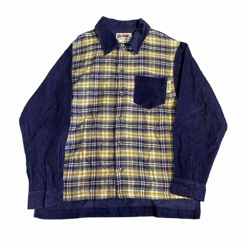 True vintage PB Company Plaid Corduroy Shirt Size 150 Blue Yellow Long Sleeve